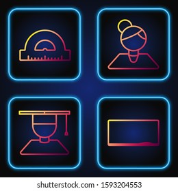 Set line Chalkboard, Graduate and graduation cap, Protractor grid for measuring degrees and Teacher. Gradient color icons. Vector