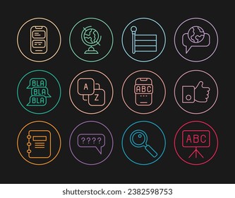 Set line Chalkboard, Hand like, Flag, Vocabulary, Speech bubble chat, Online translator, Foreign language online study and Earth globe icon. Vector