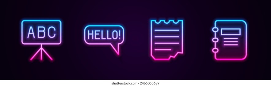 Set line Chalkboard, Hello in different languages, Notebook and . Glowing neon icon. Vector