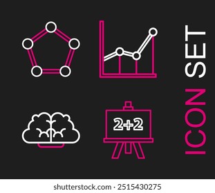 Definir o quadro de giz, cérebro humano, gráfico, programação, gráfico, diagrama e figura geométrica ícone de prisma pentagonal. Vetor