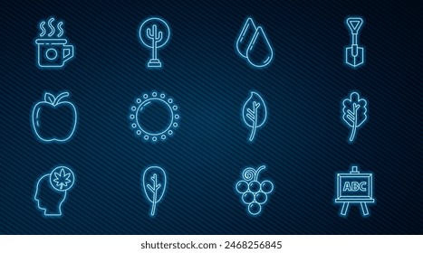Set line Chalkboard, Leaf or leaves, Water drop, Sun, Apple, Cup of tea,  and Tree icon. Vector