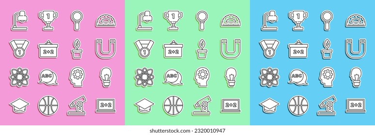 Set line Chalkboard, Light bulb with concept of idea, Magnet, Magnifying glass, Medal, Table lamp and Plant pot icon. Vector