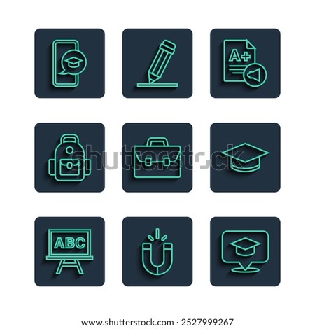 Set line Chalkboard, Magnet, Graduation cap in speech bubble, Exam sheet with A plus grade, Briefcase, School backpack, mobile and  icon. Vector