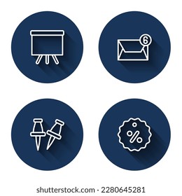 Set line Chalkboard, Mail and e-mail, Push pin and Discount percent tag with long shadow. Blue circle button. Vector