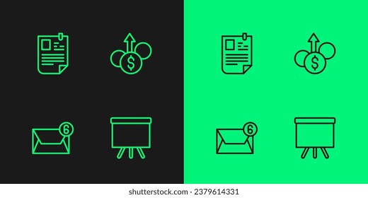 Set line Chalkboard, Mail and e-mail, Resume and Financial growth dollar icon. Vector