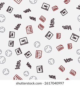 Set line Chalkboard, Microscope, Earth globe and Clipboard with checklist on seamless pattern. Vector