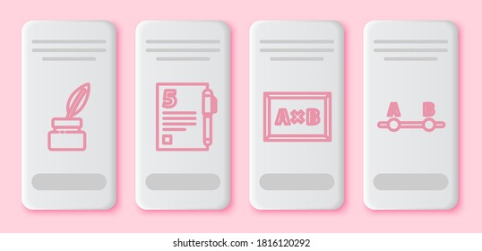 Set line Chalkboard, Open book, Calculation and Test or exam sheet. White rectangle button. Vector