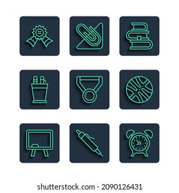 Set line Chalkboard, Pen, Alarm clock, Book, Medal, Pencil case stationery,  and Basketball ball icon. Vector