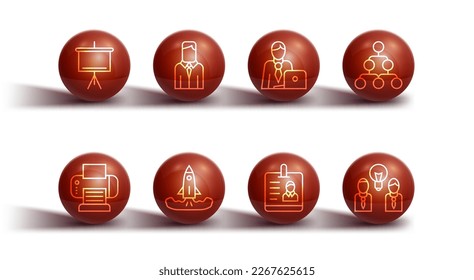 Set line Chalkboard, Printer, Hierarchy organogram chart, Identification badge, Rocket, Worker, People with lamp bulb and Businessman icon. Vector