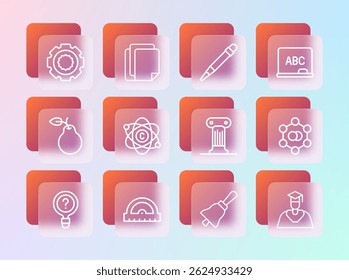 Set line Chalkboard, Protractor grid, Law pillar, Ringing bell, Atom, Pencil with eraser, Gear and File document icon. Vector