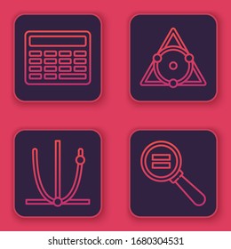 Set line Chalkboard, Ringing bell, Chalkboard and Paper clip. Blue square button. Vector