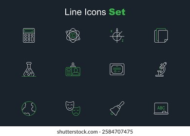 Set line Chalkboard, Ringing bell, Comedy and tragedy masks, Earth globe, Microscope, Certificate template, Identification badge and Test tube icon. Vector