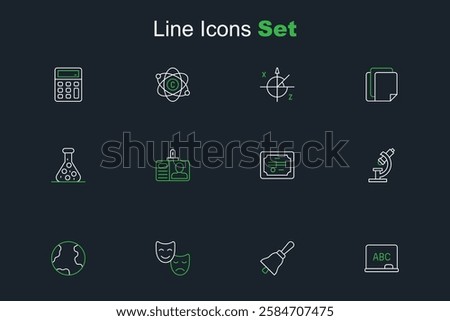 Set line Chalkboard, Ringing bell, Comedy and tragedy masks, Earth globe, Microscope, Certificate template, Identification badge and Test tube icon. Vector