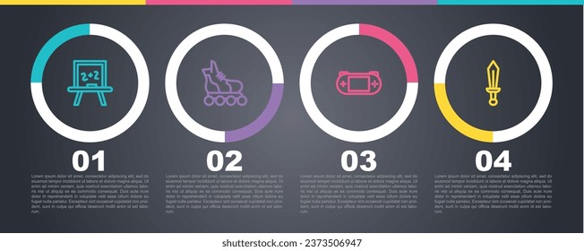 Set Line Chalkboard, Rollschuh, tragbare Videospielkonsole und Schwertspielzeug. Infografik-Vorlage für Unternehmen. Vektorgrafik