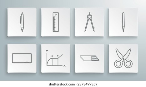 Set line Chalkboard, Ruler, Pie chart infographic, Eraser or rubber, Scissors, Drawing compass, Pen and  icon. Vector