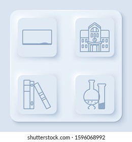 Set line Chalkboard, School building, Office folders with papers and documents and Test tube and flask chemical laboratory test. White square button. Vector