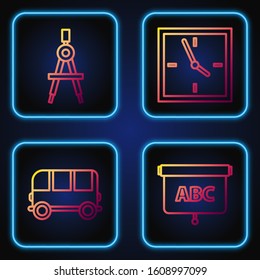 Set line Chalkboard, School Bus, Drawing compass and Clock. Gradient color icons. Vector