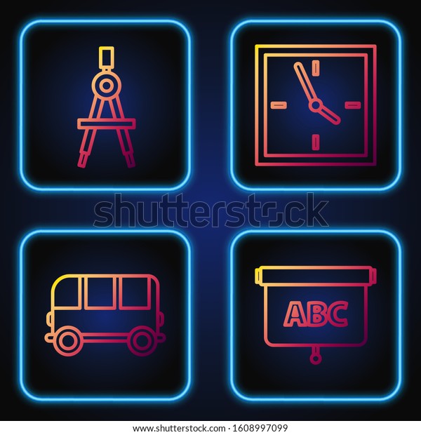 Set line Chalkboard, School Bus,\
Drawing compass and Clock. Gradient color icons.\
Vector