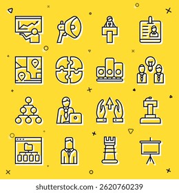 Set line Chalkboard, Stage stand or tribune, People with lamp bulb, Piece of puzzle, Folded map location, Training, presentation and Ranking star icon. Vector