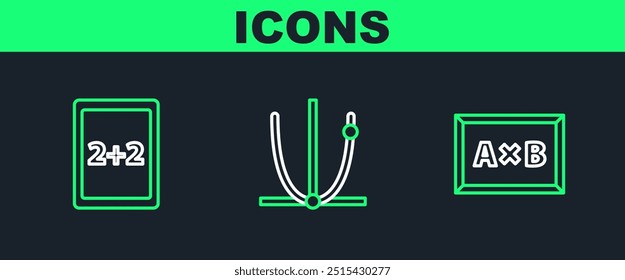 Set line Chalkboard, Tablet with calculator and Graph, schedule, chart, diagram icon. Vector