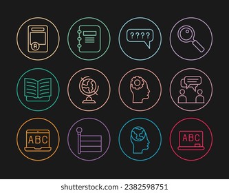 Set line Chalkboard, Two sitting men talking, Speech bubbles with Question, Earth globe, Open book, Exam sheet A plus grade, Head gear inside and Notebook icon. Vector