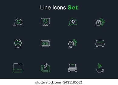 Set line Chamomile tea, Big bed, Pillow, Dreams, Earplugs with storage box and Eye sleep mask icon. Vector