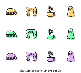 Set line Chamomile tea, Sleeping hat, Travel neck pillow and Ghost icon. Vector