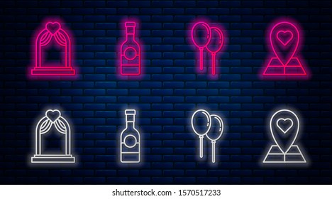 Set line Champagne bottle, Balloons with ribbon, Wedding arch and Map pointer with heart. Glowing neon icon on brick wall. Vector