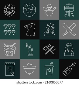 Set line Champagne bottle, Benjamin Franklin, Crossed baseball bat, Sheriff cowboy, Eagle head, Carnival garland with flags, Firework and Statue of Liberty icon. Vector