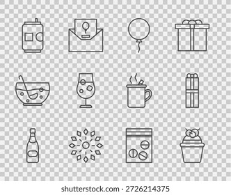 Set-Linie Champagner-Flasche, Kuchen, Ballon mit Band, Feuerwerk, Bier-Dose, Cocktail und Alkohol trinken, Plastiktüte mit Droge und Geschenkbox Symbol. Vektorgrafik