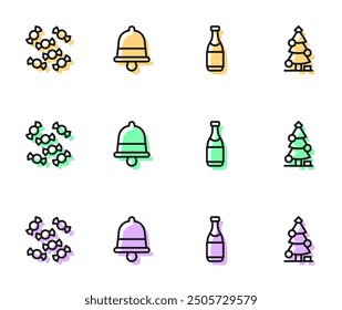 Set line botella de champán, caramelo, Navidades de timbre e icono de árbol. Vector