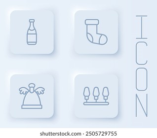 Set line Champagne bottle, Christmas stocking, Angel and lights. White square button. Vector