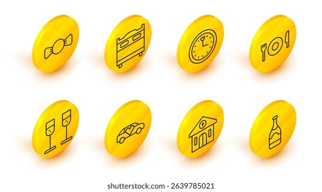 Set line Champagne bottle, Church building, Limousine car, Glass of champagne, Plate, fork and knife, Clock, Bedroom and Bow tie icon. Vector