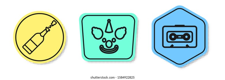 Set line Champagne bottle , Clown head  and Retro audio cassette tape . Colored shapes. Vector