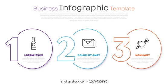 Set line Champagne bottle, Envelope with Valentine heart and Amour symbol with heart and arrow. Business infographic template. Vector