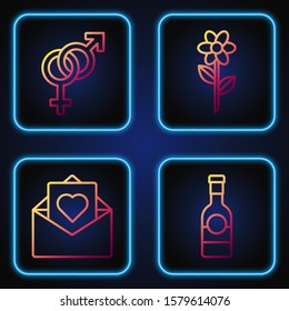 Set line Champagne bottle, Envelope with Valentine heart, Gender and Flower. Gradient color icons. Vector
