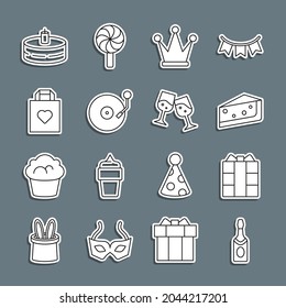 Set line Champagne bottle, Gift box, Piece of cake, Crown, Vinyl player with disk, Shopping bag heart, Cake burning candles and Glass champagne icon. Vector