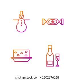 Set line Champagne bottle and glass of champagne, Nougat with nuts, Christmas snowman and Candy. Gradient color icons. Vector