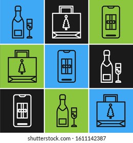 Set line Champagne bottle and glass of champagne, Smartphone with gift box and Christmas paper shopping bag icon. Vector