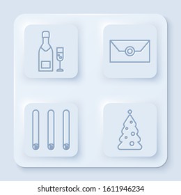 Set line Champagne bottle and glass of champagne, Envelope with christmas party invitation card, Three rolled sticks of cinnamon and Christmas tree with decorations. White square button. Vector