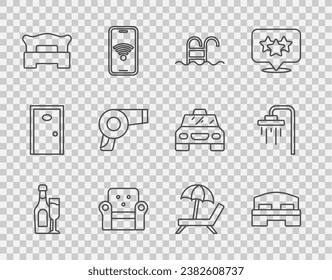Set line Champagne bottle with glass, Hotel room bed, Swimming pool, Armchair, Bedroom, Hair dryer, Sunbed umbrella and Shower icon. Vector