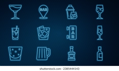 Set line Champagne bottle, Glass of champagne, Cocktail shaker, whiskey, Bloody Mary, Wine glass, Street signboard with Bar and Alcohol bar location icon. Vector