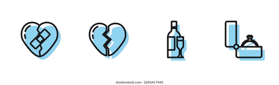 Set line botella de champán, corazón roto curado, icono de anillo de compromiso roto y diamante. Vector