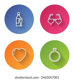 Set line Champagne bottle, Heart shaped love glasses,  and Diamond engagement ring. Color circle button. Vector