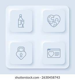 Definir a linha Garrafa de champanhe, Coração, Castelo na forma de coração e Namoro app online. Botão quadrado branco. Vetor