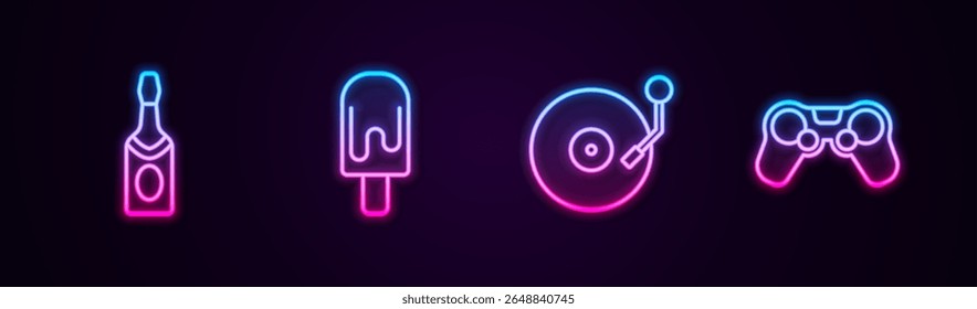 Set line Champagne bottle, Ice cream, Vinyl player with disk and Gamepad. Glowing neon icon. Vector