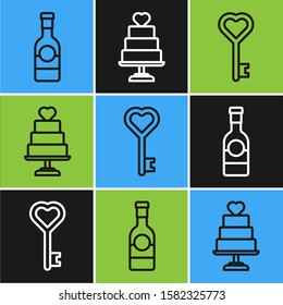 Set line Champagne bottle, Key in heart shape and Wedding cake with heart icon. Vector