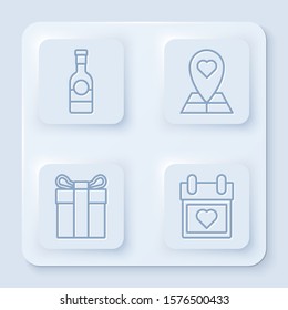 Set line Champagne bottle, Map pointer with heart, Gift box and Calendar with heart. White square button. Vector