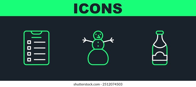 Set line Champagne bottle, New year goals list and Christmas snowman icon. Vector