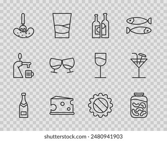 Set line Champagne bottle, Pickled cucumbers in jar, Bottles of wine, Cheese, on fork, Glass cognac brandy, cap and Cocktail icon. Vector